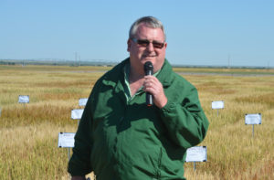 Steve Brown was a frequent speaker at field days as the Texas Foundation Seed Service program director in Vernon. (Texas A&M AgriLife Communications photo by Kay Ledbetter)