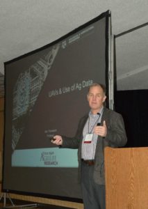 Dr. Alex Thomasson, a Texas A&M AgriLife Research agricultural engineer, discusses unmanned aerial vehicles at the Texas Plant Protection Association conference held in Bryan recently. (Texas A&M AgriLife Extension Service photo by Blair Fannin)