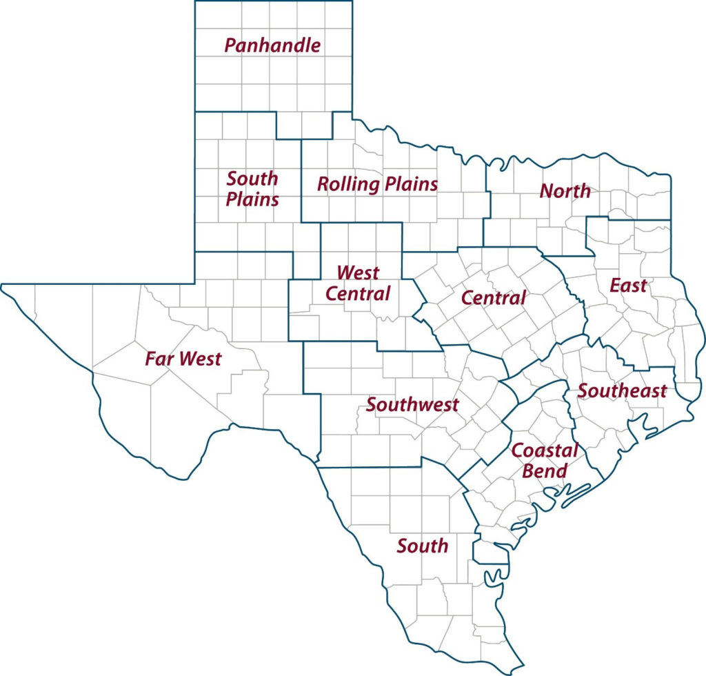 A map of the state of Texas divided into the 12 AgriLife Extension districts.