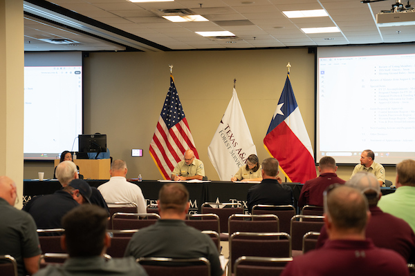 a large room with three flags in the front and a few people sitting