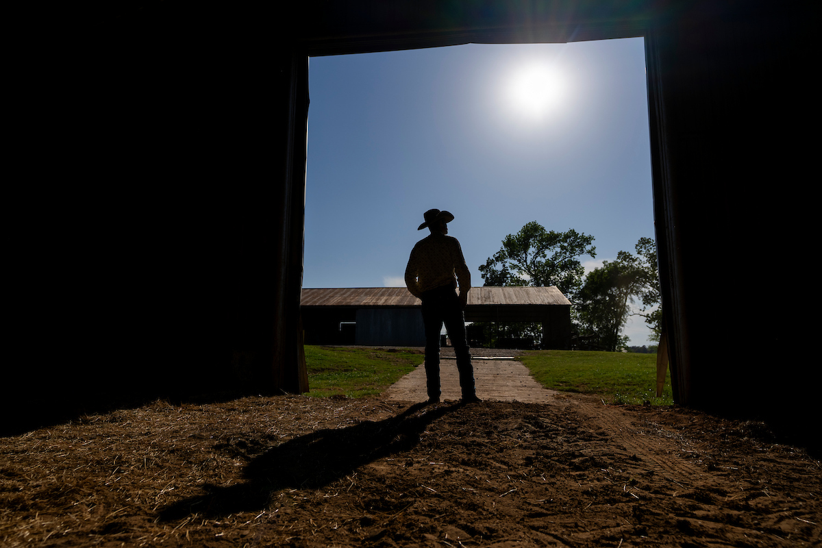man facing out of a barn with the sun glaring in the sky